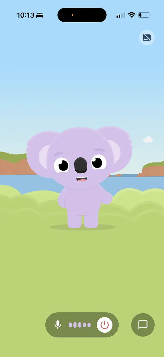 Kozy app voice chat screen with a lilac koala
